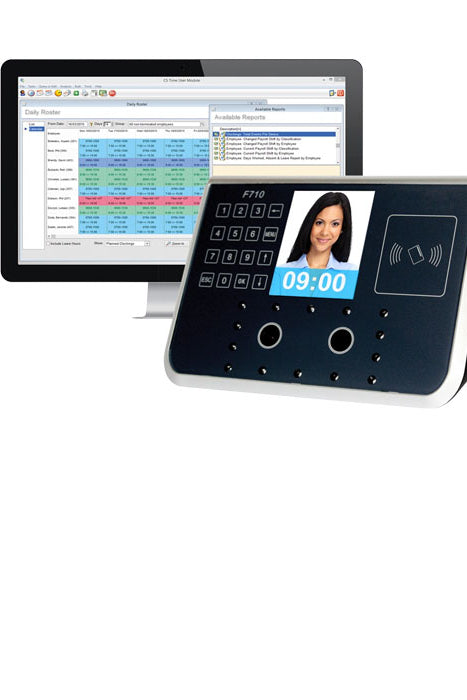 CS Time Biometric facial recognition clocking in device with robust time attendance software on a desktop computer with web browser