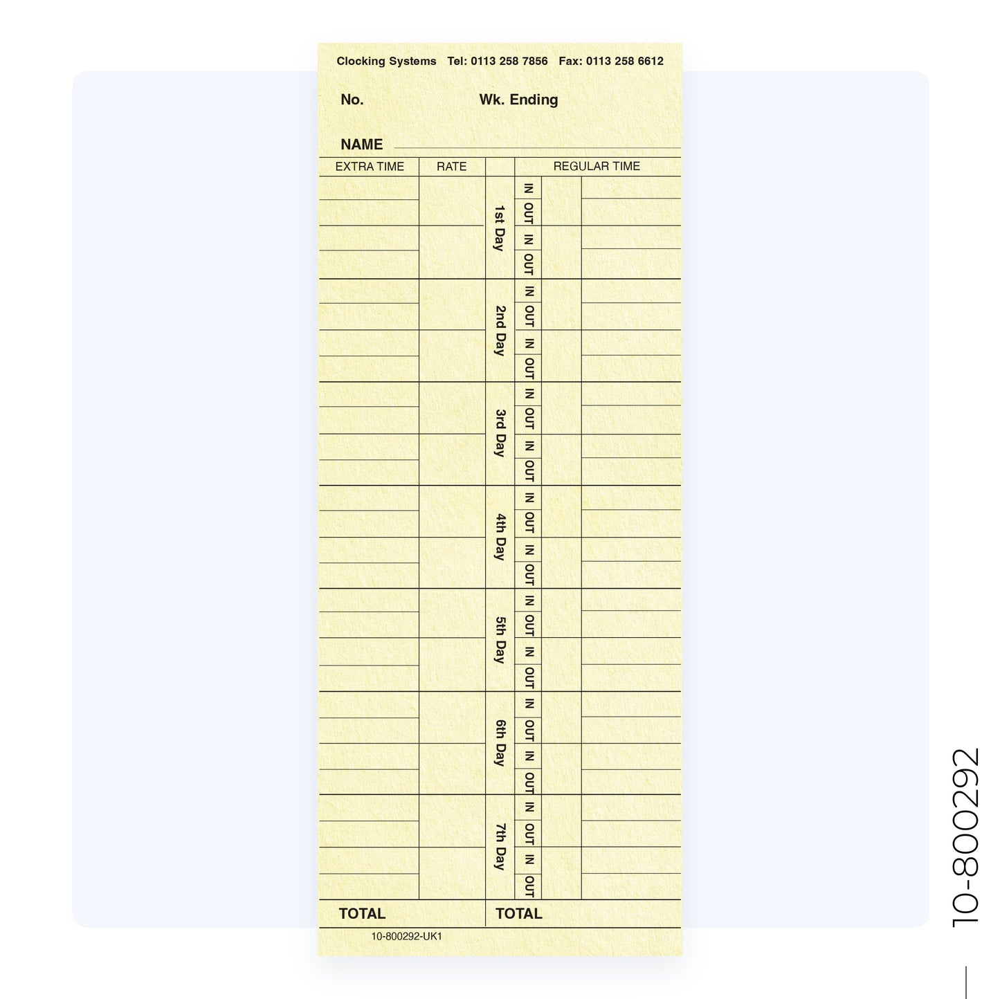 10-800292 Weekly Clocking Cards for TP300 (Quantity 1000)