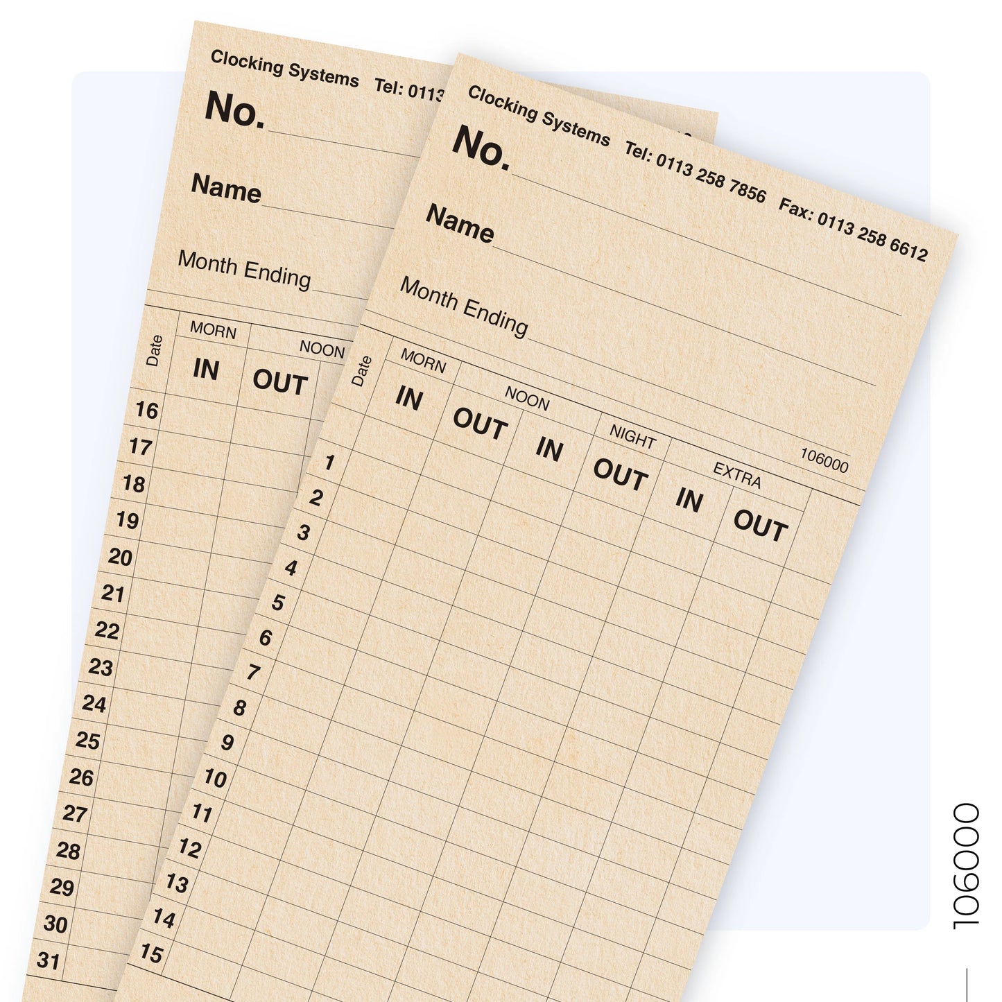 106000 Monthly Clocking Cards (Quantity 1000)