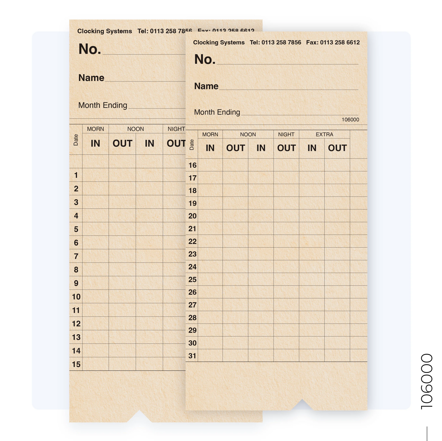 106000 Monthly Clocking Cards (Quantity 1000)