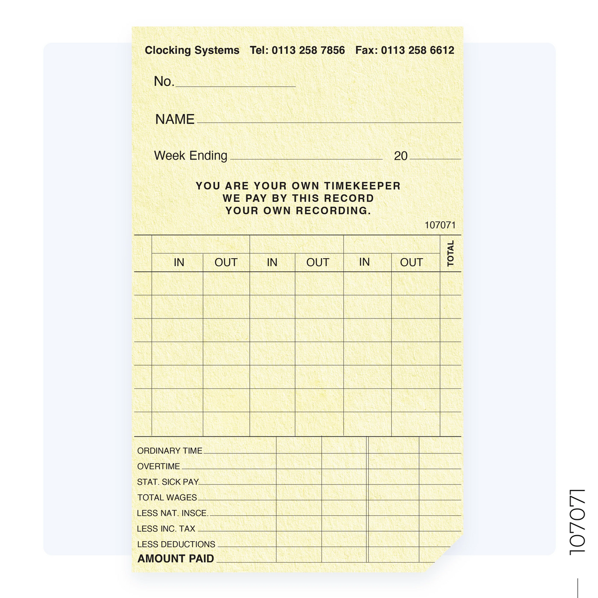 Key Clocking Chart 107071 Weekly Clocking Cards for TP-100, TP-200, CS-30 (Quantity 1000 ...