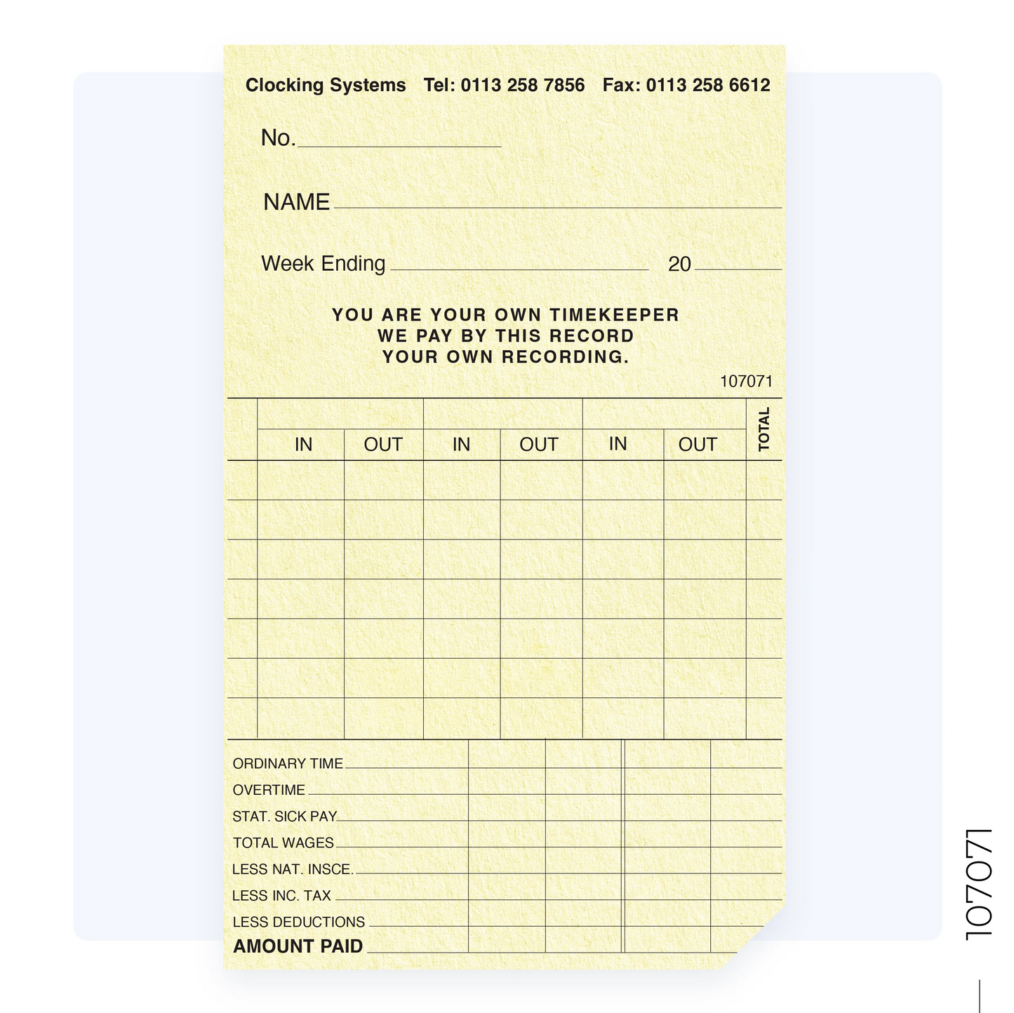 107071 Weekly Clocking Cards for TP-100, TP-200, CS-30 (Quantity 250)