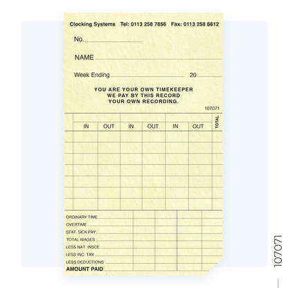 107071 Weekly Clocking Cards for TP-100, TP-200, CS-30 (Quantity 250)