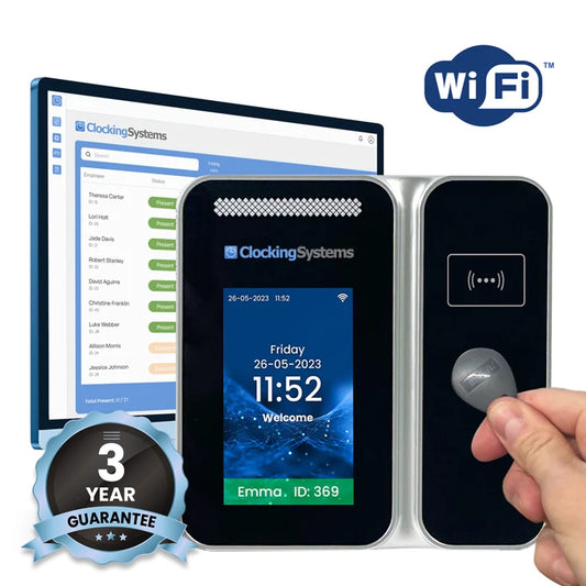 TotalTime RFID Proximity Card or Keyfob Clocking Machine with Software - Real time "who's in" display included.