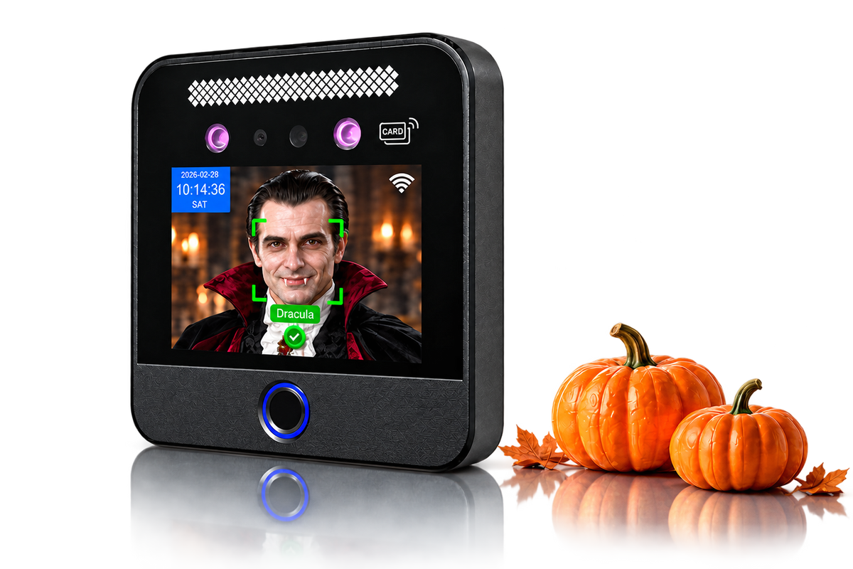 Dracula being recognised by a Clocking Systems terminal, beside Halloween pumpkins.