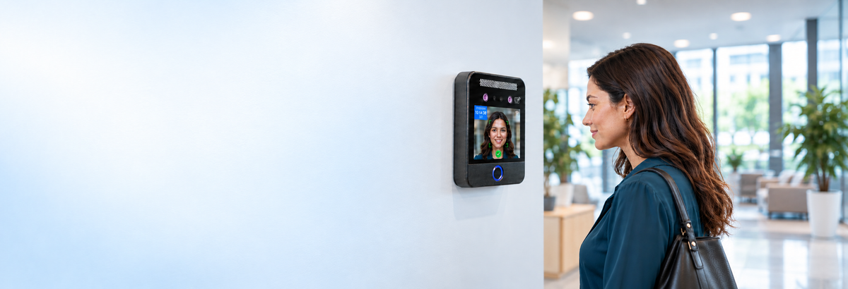 Employee using a wall-mounted facial recognition clocking-in terminal.