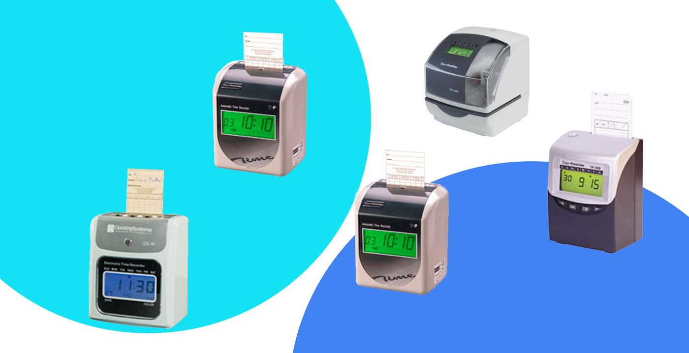 time and attendance time clocks to punch in for work using a time card. Showing Clocking Systems different basic clock options CS-30, TP100, TP200, TP300, TP400